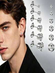 Elegant Fashion Style, 6 Pairs 3-8MM 316L Stainless Steel Cubic Zirconia Stud Earring Set, Suitable For Daily And Party Wear, Can Be A Gift For Friends And Lovers, Suitable For Men And Women, Sparkling Earrings - 6 Pairs Of Ear Stud Sets - View 1