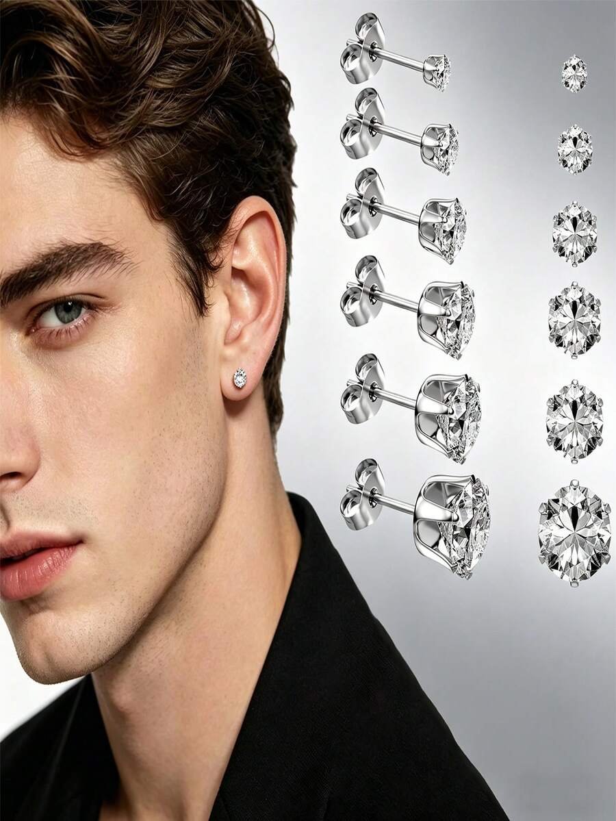 Elegant Fashion Style, 6 Pairs 3-8MM 316L Stainless Steel Cubic Zirconia Stud Earring Set, Suitable For Daily And Party Wear, Can Be A Gift For Friends And Lovers, Suitable For Men And Women, Sparkling Earrings - 6 Pairs Of Ear Stud Sets - View 1