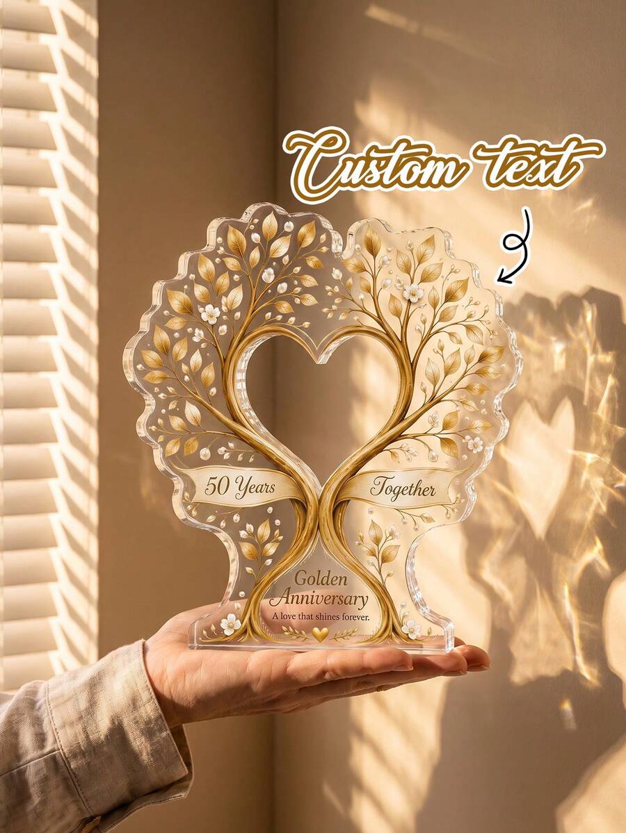 1pc Custom Text Heart Family Tree Acrylic Plaque,Personalized Golden Anniversary Tabletop Keepsake Sign,Love Tree Decor For Couples Parents 50th Wedding Anniversary Commemorative Home Gift - Multicolor - View 1