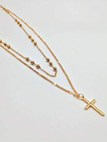 QTHOPE Double Layer Necklace With Cross And Heart Pendant, Suitable For Girls Daily Wear - Yellow Gold - View 2