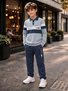 青少年春秋兩件套，字母條紋印花拼色 Polo 衫搭配同款慢跑運動長褲，學生休閒百搭套裝 - 寶藍色 - 查看 1