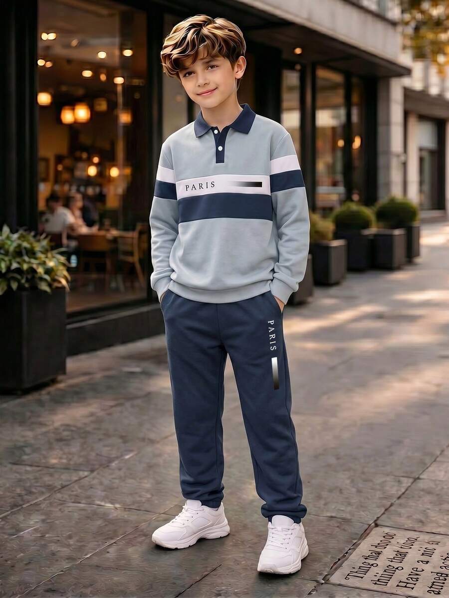 青少年春秋兩件套,字母條紋印花拼色 Polo 衫搭配同款慢跑運動長褲,學生休閒百搭套裝 - 寶藍色 - 查看 1