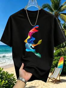 Colorful Abstract Face Print T-Shirt, Soft Cotton, Art Print, Casual And Breathable. - Black - View 2