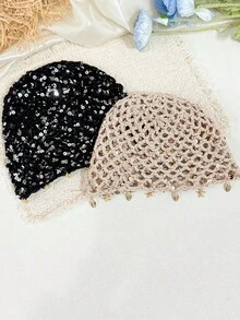 1件波希米亞風鏤空亮片針織毛帽，手工鉤編針織帽附海星與貝殼吊飾，多色度假/街頭風時尚頭飾 - 彩色 - 查看 6