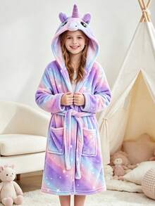 Tween Girl Ombre Unicorn Embroidered Pocket Front 3D Patched Hooded Belted Flannel Lounge Robe - Multicolor - View 3