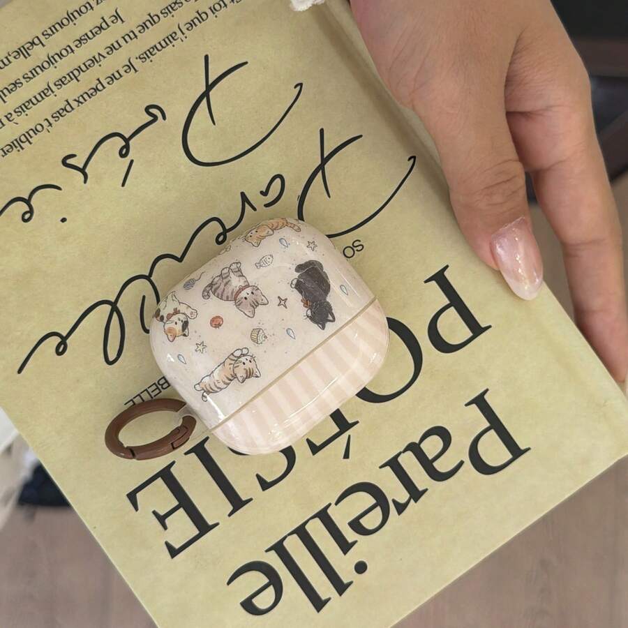 可愛貓咪插畫耳機保護套，附掛環，適用 Pro 3、Pro 2、4、3、1/2 代，女生專用保護殼
