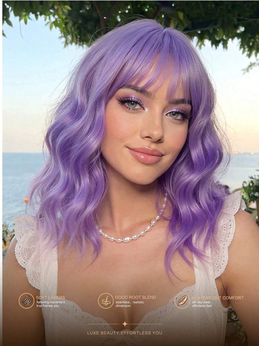 Colorful Bob Wig Piece, 12 Inch Bob Wig Piece With Bangs, Wavy Short Hair Style, Deep Wave Heat-Resistant Synthetic Fiber Wig Piece, Suitable For Women And Girls To Wear In Cosplay Parties Or Daily Occasions, Halloween - Purple - View 1