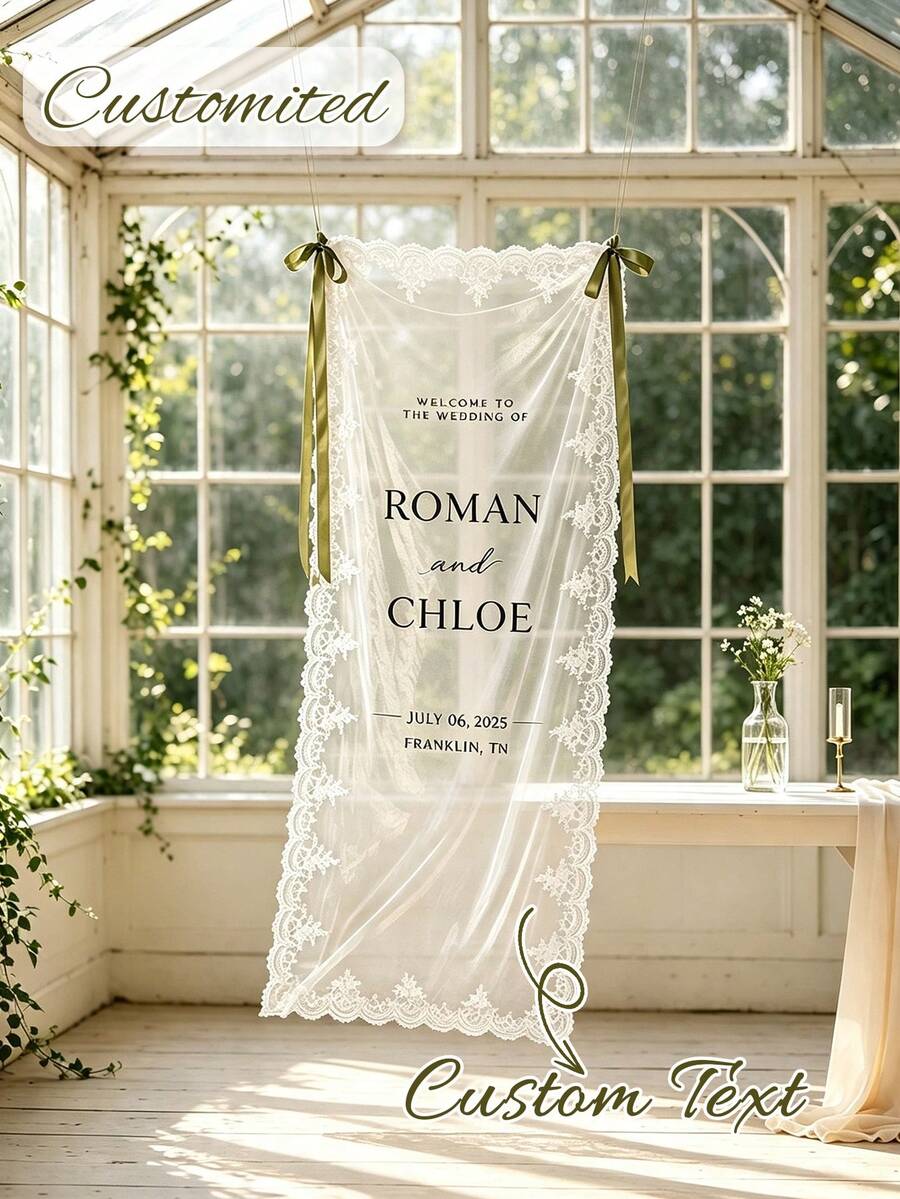 Customized Lace Wedding Welcome Sign, Customizable Groom And Bride Names, Can Add Vows. Suitable For Wedding Photo Props, Engagement Party, Bridal Shower Decor, Modern Minimalist Wedding Decor And Wedding Gifts. - Multicolor - View 1