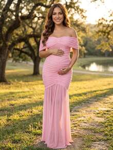 JustVH Elegant Maternity Open Shoulder Ruched Fitted Mermaid Skirt, Suitable For Baby Shower, Photoshoot, Evening Party, Autumn Wear Fall - Baby Pink - View 8