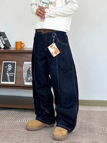 Hearty Haven 1pc American Street Style Plus Size Men's Patchwork Loose Wide Leg Jeans Casual Comfortable All Season Pants - No Belt And Accessories - Blue - View 1