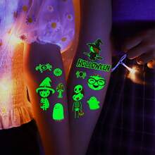 zillor 24 Sheets Fluorescent Halloween Temporary Tattoo Stickers, 250 Unique Designs Total, Glow-In-The-Dark Pumpkin, Vampire, Skull, Ghost, Bat, Spider Patterns, Halloween Party Gifts, Decorations, Costume Party Accessories, Prank Makeup Props - Green - View 6
