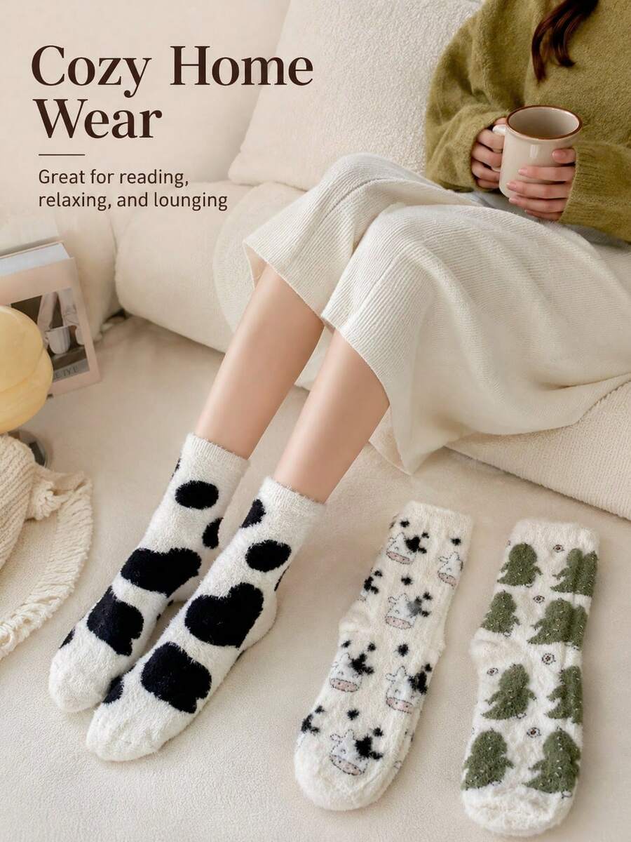 Soft And Comfortable Plush Socks Featuring Various Patterns, Including Cow Prints And Cartoon Dinosaurs; These Soft, Fluffy, And Cozy Indoor Socks Are Perfect For Lounging At Home Or In The Dorm, As Well As For Autumn, Winter, And Everyday Wear. - Multicolor - View 1