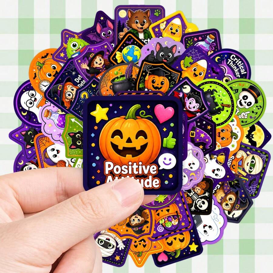 50pcs Kids Halloween Incentive Stickers, Cute Cartoon Skeleton Witch Mummy Good Behavior Reward Stickers - Multicolor - View 1