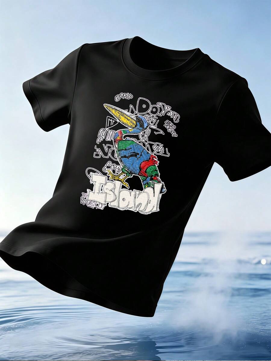 Men's Pelican Graphic T-Shirt, 100% Cotton, Loose Fit, Hip-Hop Street Style, Comfortable, High Impact Print. - Black - View 1