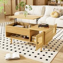 Elegant Coffee Table With Liftable Table Top And Rattan Doors, Wood Color With Black Accents, Ideal For The Living Room - Practical Storage Space And Functional Design, 109.98 X 59.49 X 15.98 Cm - Multicolor - View 1