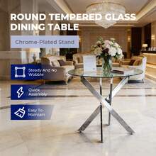 Dining Table With Cross Metal Leg And Tempered Glass, Modern Space-Saving Kitchen Table For Living Room,  Legs, Round Table, Silver Legs, 80x80x75cm - 銀色 - 查看 2