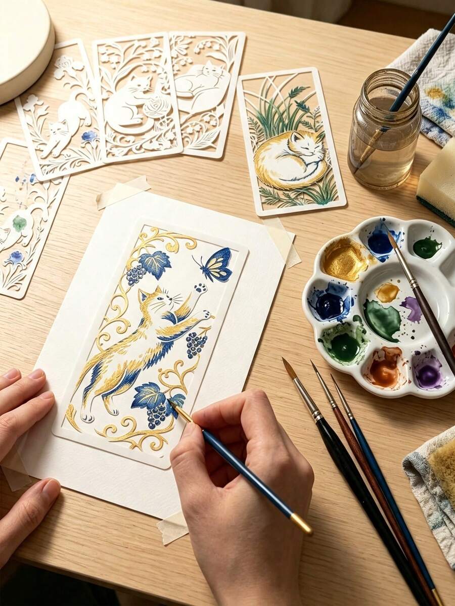 16pcs Rectangular Hollow Painting Stencils, Vintage Pastoral Style Cat, Flower, Grape, Lily Patterns Hand-Drawn Templates, Scrapbook Border, Bookmark, Wooden Cabinet Decoration Graffiti Stencils, Reusable Handmade Art Painting Tools - Multicolor - View 1