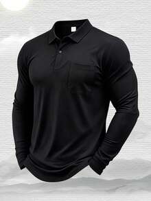 1pc Men's Spring/Autumn Long Sleeve Polo Shirt, Slim Fit Collared Top, Suitable For Sports, Outdoor, Business And Daily Commute - Black - View 5