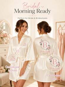 2pcs Customized Personalized Pajama Set Or Robe - Satin Bridal And Bridesmaid Robes, Comfortable Loungewear, Customized Name Wedding Robes, Embroidered Design, Exclusive Bridesmaid Attire, Personalized Satin Robe, Customized Bridal Gown, Lace Trim Robe - Multicolor - View 2