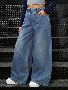 Girls Casual Straight Leg Denim Jeans With Pockets, Everyday Wear - Blue - View 4