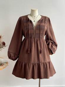 Women's Plus Size Brown Hollow Lace Lace-Up Vintage Bohemian Dress, Suitable For Autumn/Winter Elegant - Brown - View 8