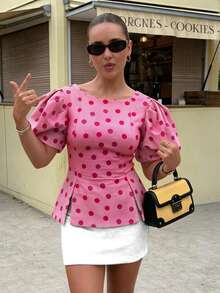 GMFP Pink Polka Dot Round Neck Puff Sleeve Waist-Cinching Cropped Backless Top, Date Independence Day World Cup Summer - Pink - View 5
