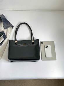 1pc Black Solid Color PU Large Capacity Tote Bag Women's Shoulder Bag - Black - View 4