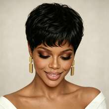 Women's Elf Short Hair Wig, Human Hair, 4 Inch Short Straight Hair, No Lace Front, Real Human Hair, Suitable For Daily Wear And Cosplay - Natural Black - View 5