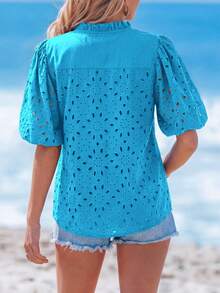 PRETTYGARDEN Women's Summer Clothes Tops Fashion Casual Short Sleeve V Neck Buttons Hollow Eyelet Lace Embroidered Blouses Shirts Festival  Beach Vacation - 湖藍色 - 查看 2