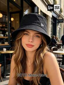 New Era Bucket Hat, Small White Flag Logo Embroidered Black Bucket Hat, Unisex Outdoor Sun Protection Hat - Black - View 3