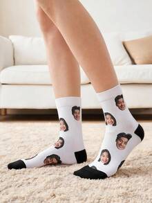 1 Pair Custom Face Crew Socks White With Black Heel And Toe Personalized Photo Print Mid-Calf Socks Creative Custom Novelty Gift - Multicolor - View 3