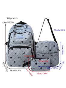 3pcs Backpack Set, Large Backpack + Crossbody Bag + Coin Purse, Bow Pattern, Soft Fabric, Adjustable Shoulder Strap, Large Capacity School Daily Commute Student Bag - Blue - View 6