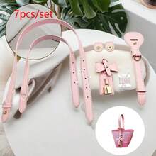 7pcs Handmade DIY Straw Handbag PU Accessories Kit, Hand-Sewn Vintage Bucket Bag Material Set, Adjustable One Shoulder Crossbody Strap + Bag Charm Set, Suitable For DIY Craft Enthusiasts, Bag Decoration And Modification - Multicolor - View 7