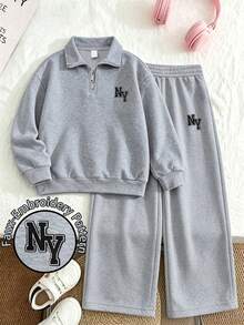 Tween Girls' Fashion Minimalist Letter Embroidered Half-Zip Polo Collar Sweatshirt With Loose Wide Leg Pants, 2-Piece Set For Autumn/Winter Daily Wear - Grey - View 2