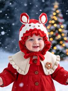 0-2 Years Old Baby Girl Knitted Hat, Cute Bow Rabbit Ears Ruffle Edge, Soft Warm Tie Knitted Hat, Autumn/Winter Cute Infant Toddler Headwear - Multicolor - View 9