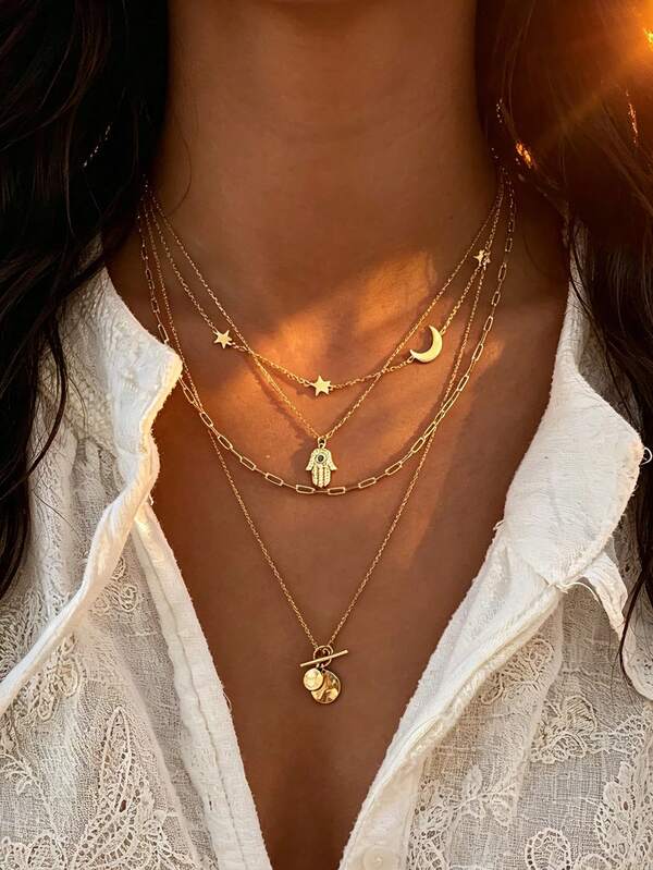 4pcs Elegant Fashion Vintage Evil Eye Palm Star Moon Pendant Gold Necklace Set, Suitable For Women's Daily, Vacation And Party Wear, Gift