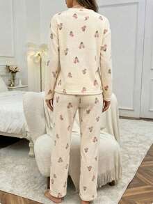 Gentle Tulip Print Vertical Stripe Women's Round Neck Long Sleeve Flannel Loose Pajama Set, 2 Pieces - Apricot - View 5