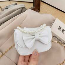Girls Mini PU Crossbody Bag, Bowknot Pearl Decor Handbag, Detachable Pearl Top Handle And Metal Chain Shoulder Strap - A - View 8