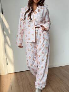 2pcs/Set Women's Autumn/Winter Plaid Heart & Bear Print Lapel Long Sleeve Top And Pants Pajama Set - Pink - View 6