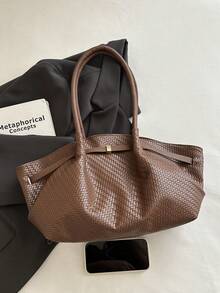 Korean Retro Woven Pattern Elegant Tote Bag New Large Capacity Casual Commute Shoulder Underarm Bag - Coffee Brown - View 5