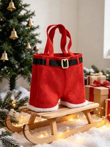 1pc Christmas Santa Short Gift Bag, Fabric Christmas Candy Storage Bag, Solid Color & Holiday Print Pattern, Multicolor, Cute Holiday Style, Suitable For Adults, Christmas Party Home Decor Gift Daily Holiday Occasions - Multicolor - View 6