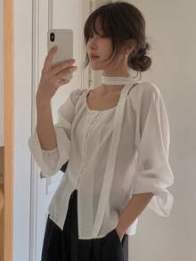 Women's Solid Color Elegant Bow Tie Button-Down Long Sleeve Blouse - White - View 1