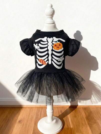 LUCKIE PAL 1pc Halloween Pumpkin & Skull Print Lace Sleeve Mesh Dress, Cute Ballet Style Camisole Tulle Dress, Fairy Layering Base Dress, Puffy Ballet Skirt
