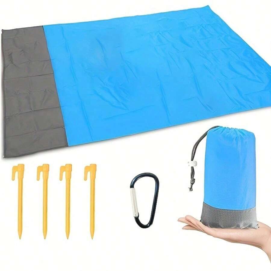[Tear-Resistant Polyester Beach Mat] Durable Polyester Portable Foldable Outdoor Beach Mat - Tear-Resistant Picnic Blanket With Moisture-Proof Function, Includes Carrying Bag And Ground Stakes - Perfect For Camping, Travel, Hiking - Machine Washable - Blue - View 1
