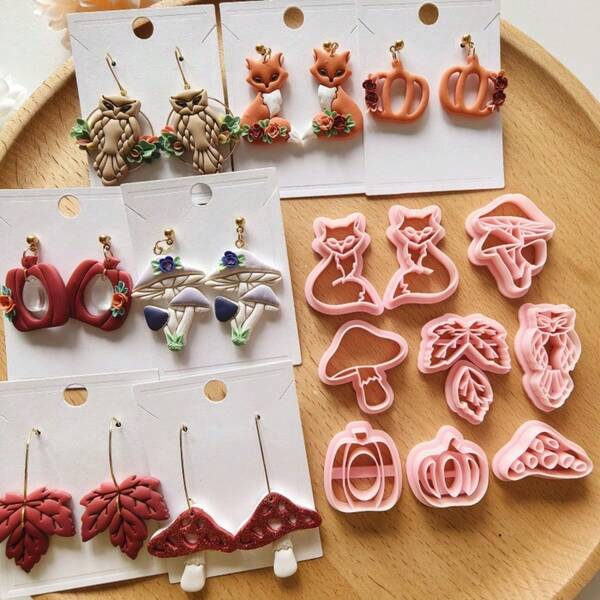 Autumn Forest Press Clay Cutters, Fox Owl Mushroom Pumpkin Maple Leaf Embossing Molds, DIY Handmade Polymer Clay Earring Craft Tool