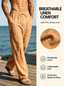 Solid Color Linen Woven Loose Casual Pockets Long Pants, Spring/Autumn & Summer - Orange - View 3