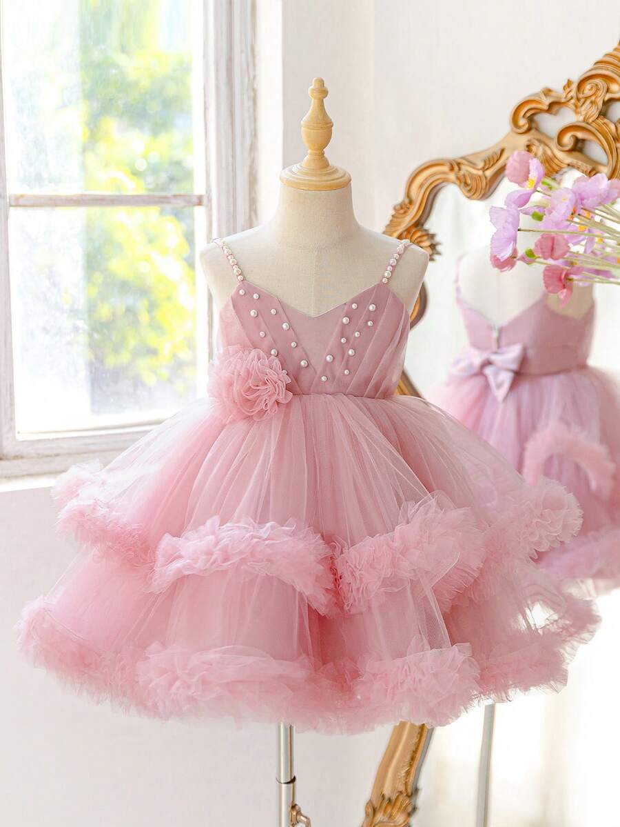 Young Girl Spaghetti Strap Beaded Lace Mesh Elegant Piano Ball Puff Princess Dress Suitable For Flower Girl Wedding Banquet Party Christmas Dress, Faux Pearl Randomly Studded - Dusty Pink - View 1