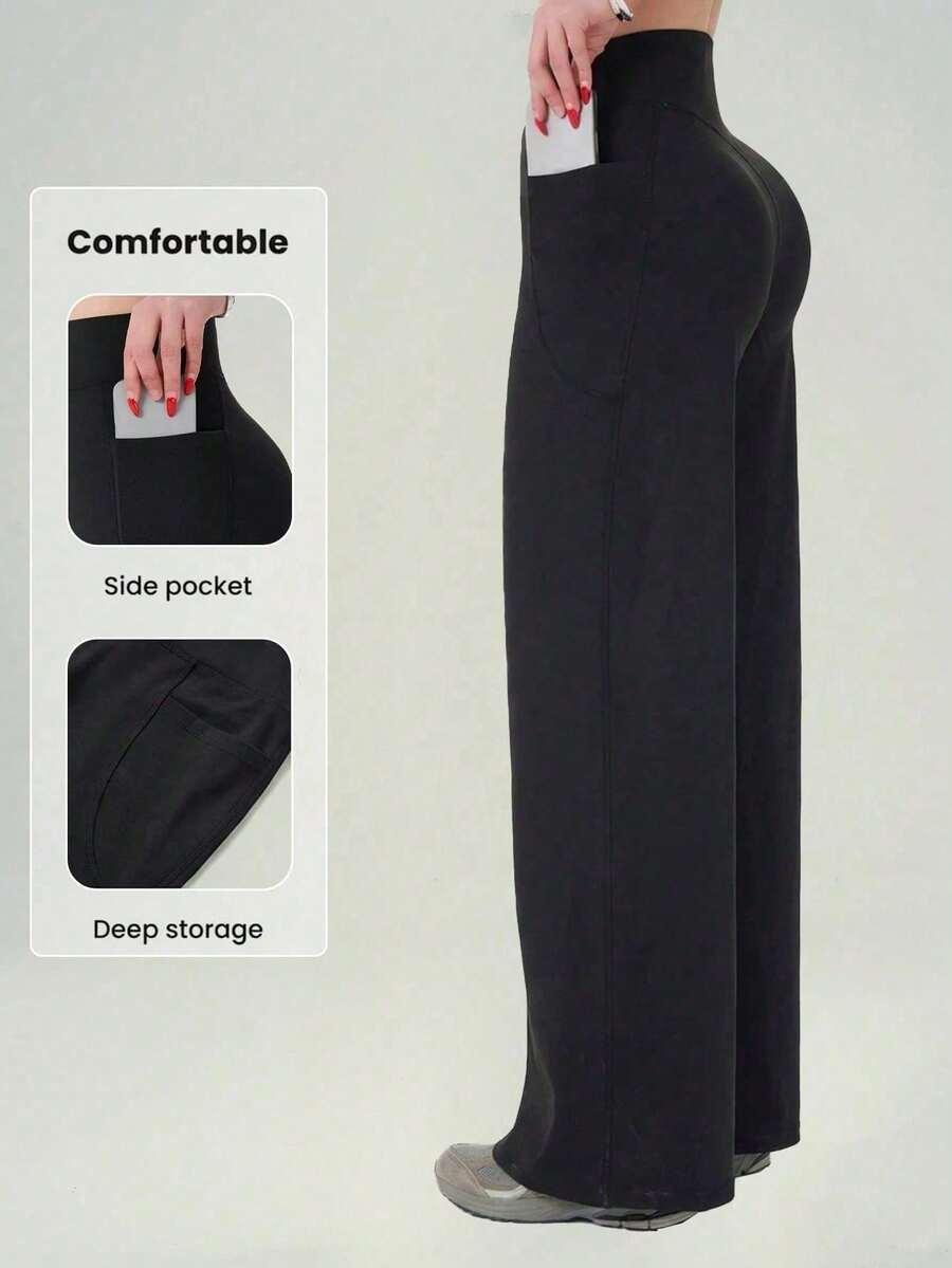 One Piece Women's Solid Color High Waist Yoga Long Loose Wide Leg Pants, Comfortable Slimming Versatile, Suitable For Running And Fitness - Black - View 1