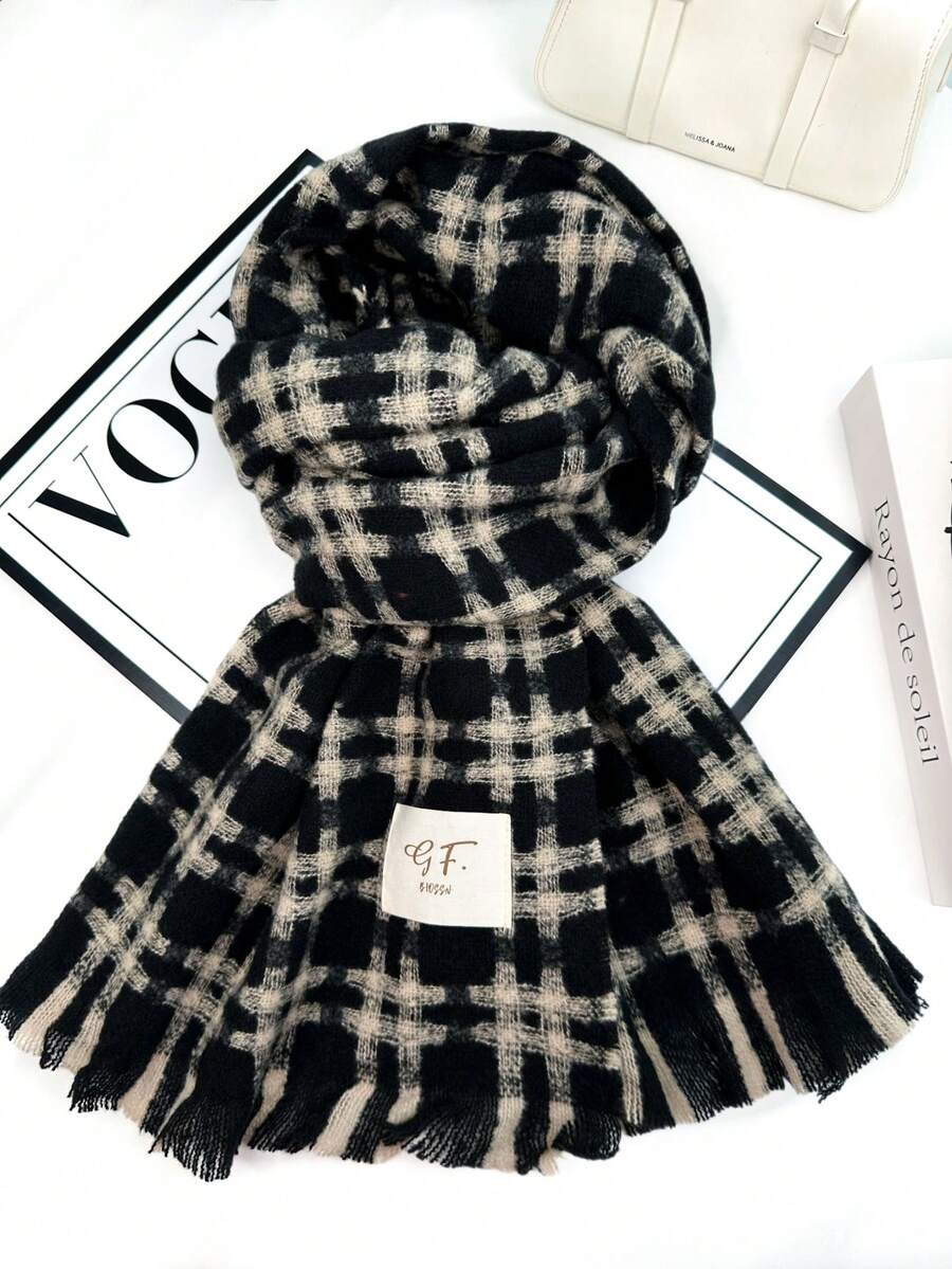 1pc Universal Multi-Color Plaid New Style Versatile Casual Scarf Suitable For Autumn/Winter Use - J-shape Black - View 1