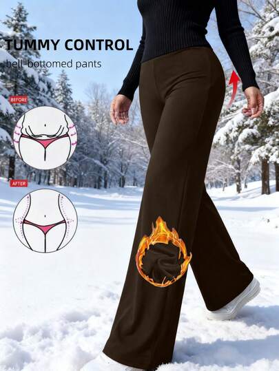 Women's High Waist Black Straight Leg Pants - Autumn/Winter Solid Color Thermal Lined Elastic Casual Long Pants, Winter Thickened Plush Sporty Style Stretch Pants, Comfortable And Elastic, Suitable For Outdoor And Daily Wear